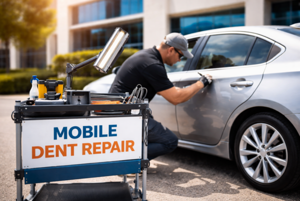Mobile dent repair technician working on the side door of a silver sedan outdoors. The professional is using specialized tools from a mobile dent repair cart labeled 'MOBILE DENT REPAIR' next to the vehicle.
