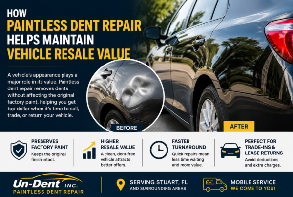A promotional graphic by Un-Dent showing a car, titled 'How Paintless Dent Repair Helps Maintain Vehicle Resale Value'.