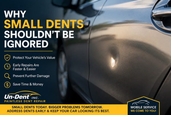 Un-Dent Inc. informational graphic titled 'Why Small Dents Shouldn't Be Ignored'. It features a dented car door and lists four benefits of early repair: protecting vehicle value, faster repairs, preventing further damage, and saving time and money.
