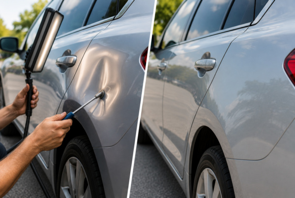 Technician performing paintless dent repair (PDR) on a white SUV door using specialized dent removal tools without repainting.