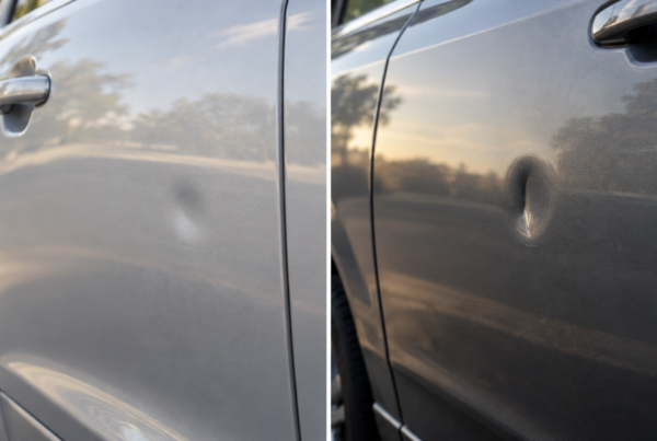 Side-by-side comparison of two car door dents: a shallow, subtle door ding on a silver car door on the left, and a deeper, more pronounced crease-style dent on a dark gray car door on the right.