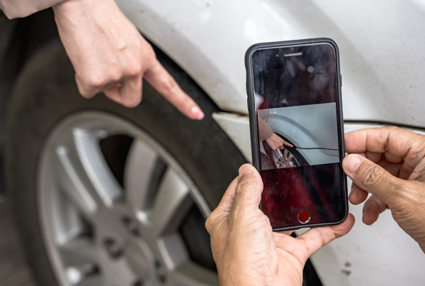 Person photographing a dent on a white car’s wheel arch with a smartphone while another person points to the damage, for a mobile dent repair estimate